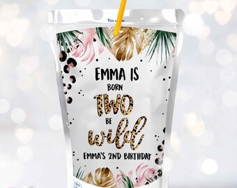 Editable Leopard Print Party Juice Labels Jungle Juice Pouch Labels Two Wild Leopard Print Jungle 2nd Birthday Party Instant Download GY