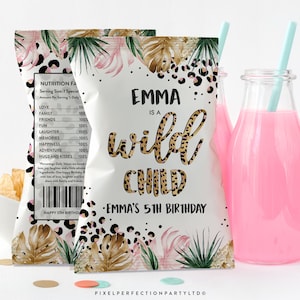 Editable Leopard Print Party Chip Bag Wrappers Jungle Chip Bag Favors Wild Child Leopard Print Jungle Birthday Party Instant Download GY