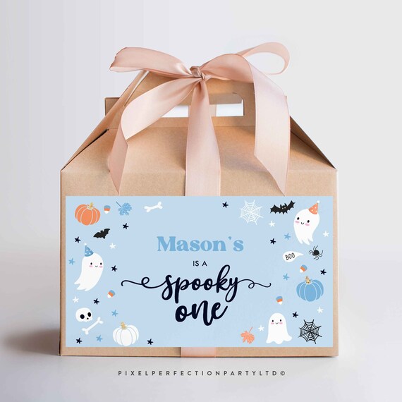 Editable Blue Halloween Gable Box Labels Blue Ghost Spooky One Treat ...