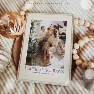 Editable Christmas Photo Card Template Modern Pinstripe Plaid Holiday Photo Card Plaid Framed Holiday Photo Card Instant Download HH8