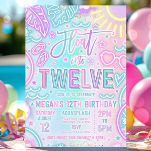 May include: A pastel-coloured invitation with the text "Float into Twelve" and "Megan's 12th Birthday." The design includes stars, hearts, and beach-themed graphics. The invitation provides event details, including date, time, and location.