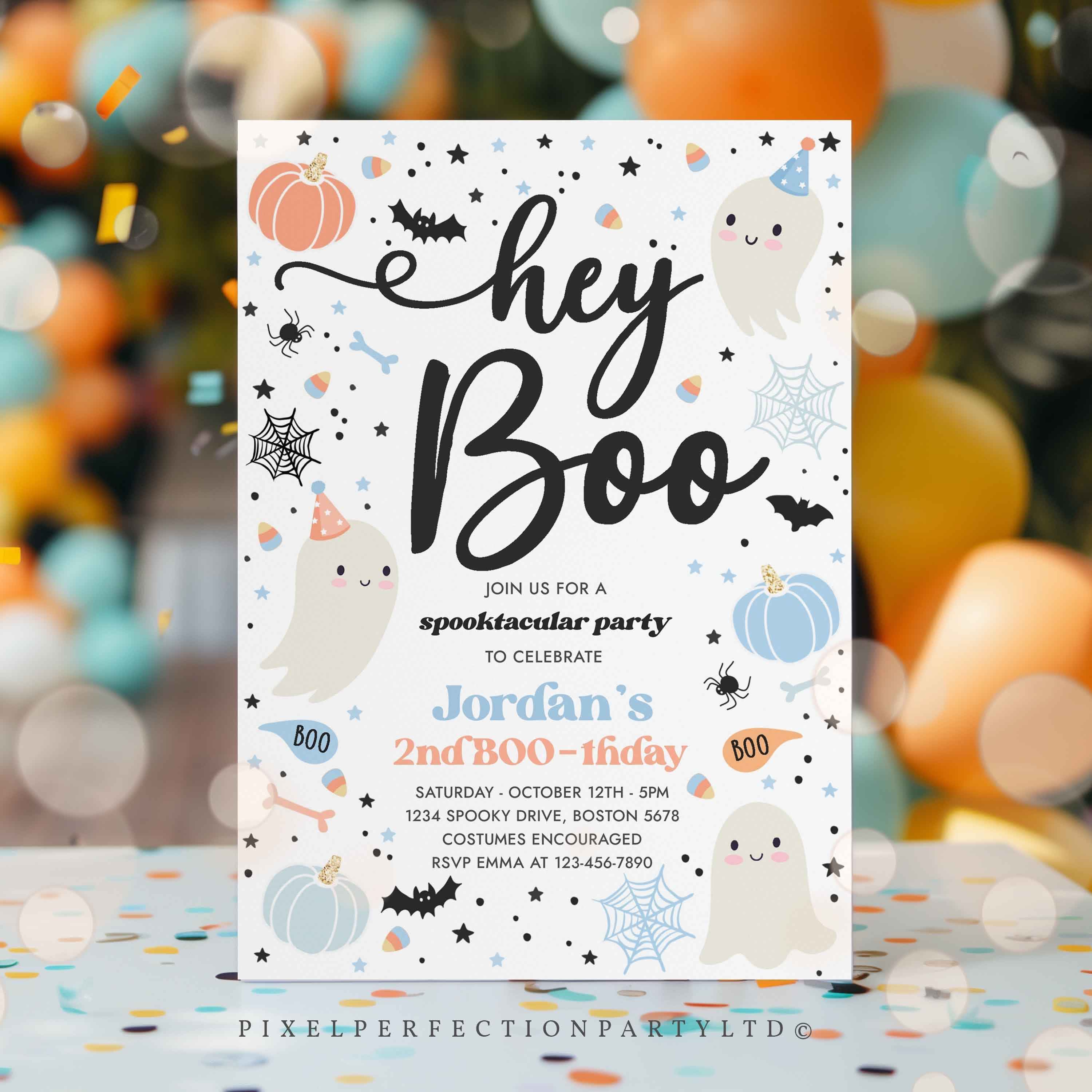 Editable Halloween Hey Boo Birthday Party Invitation Cute Boy Ghost ...