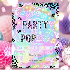 Editable Pop Star Birthday Party Invitation Rainbow Leopard Print Neon Glow Party Like A Popstar Singing Music Party Instant Download YT8
