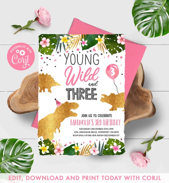Dinosaur Invitation Dinosaur Invite Young Wild And Three Dinosaur Party Girl Dinosaur Party T-Rex Party Instant Download Editable 15 Il_570xn