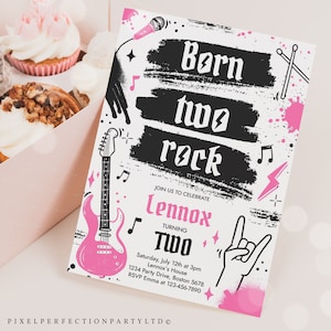 Editable Born Two Rock 2nd Birthday Party Invitation Girl Rock And Roll Party Punk Rock Birthday Two Rocks 2nd Birthday Instant Download R4