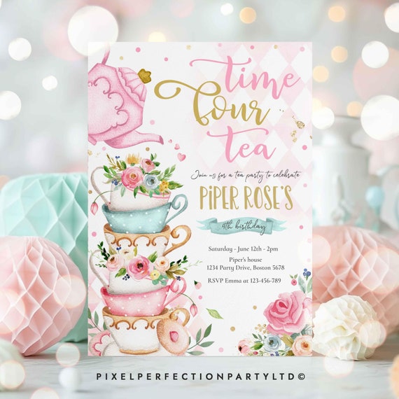 Editable Tea Party Birthday Invitation Time Four Tea 4th Birthday Party Pink & Gold Floral Whimsical 4th Birthday Partea Instant Download TR