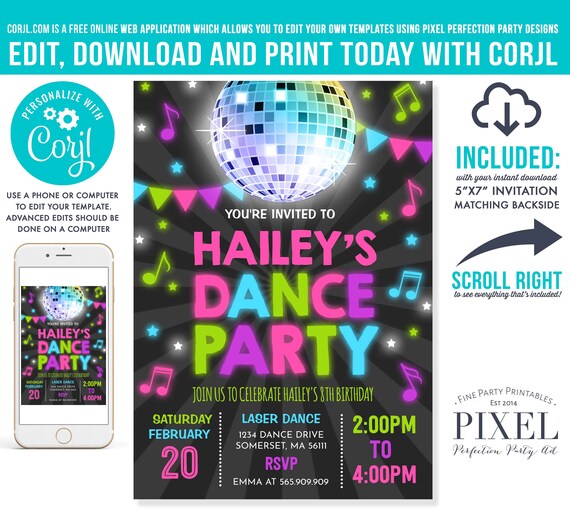 Dance Party Invitation Disco Party Invitation Glow Dance Party Neon Glow Dance Party Disco Dance Party Instant Editable File Corjl L8 Il_570xn
