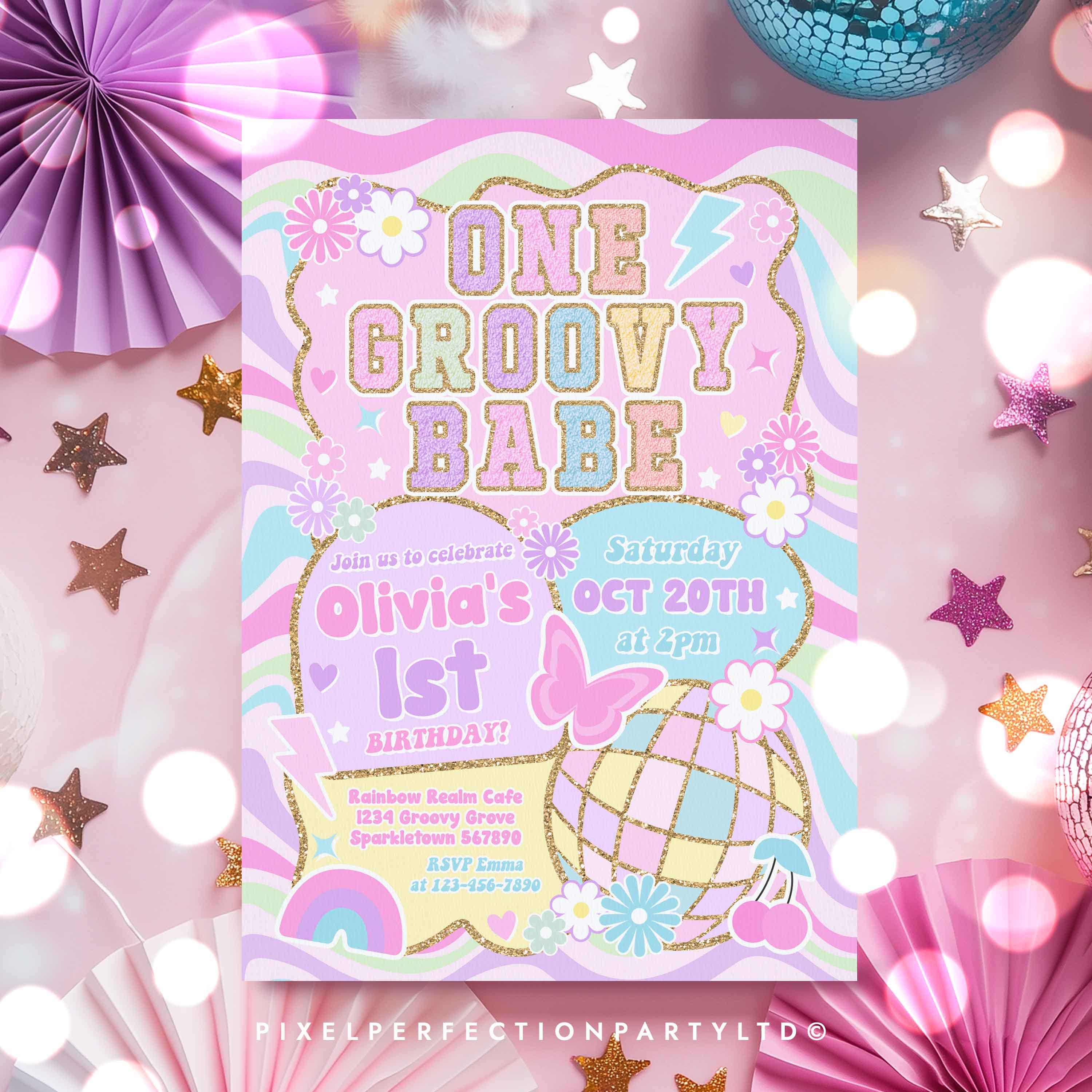 Editable One Groovy Babe 1st Birthday Party Invitation Groovy Varsity ...