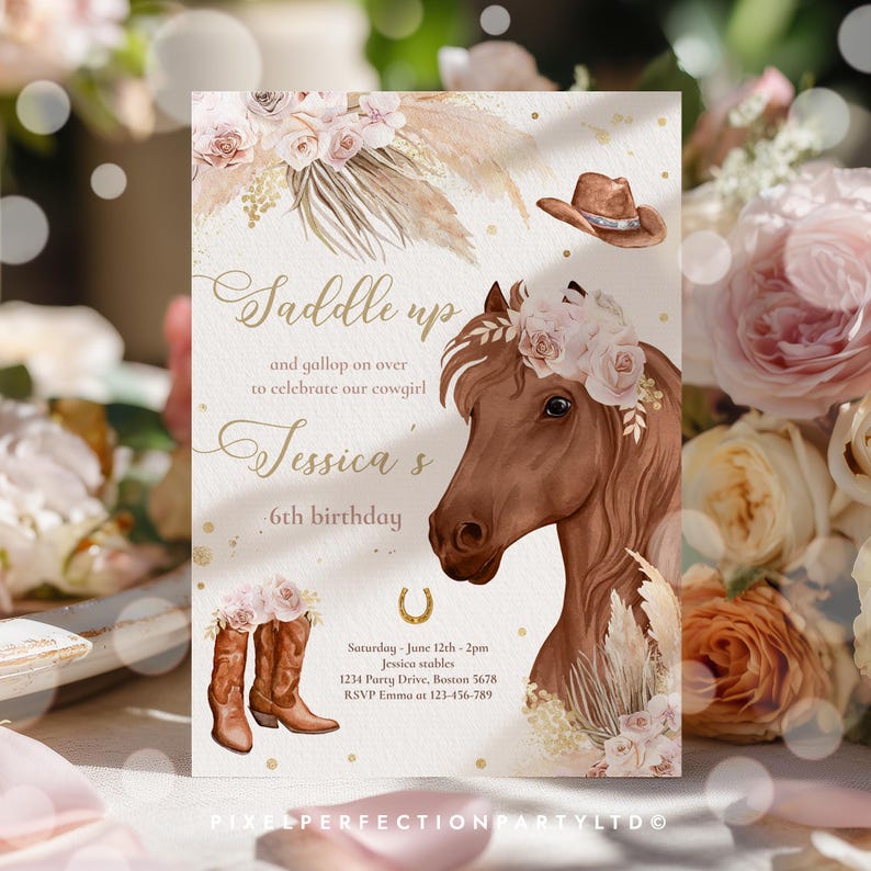 May include: A birthday invitation card featuring a brown horse with a floral crown, a brown cowboy hat, and brown cowboy boots. The text reads: Saddle up and gallop on over to celebrate our cowgirl Jessica's 6th birthday, Saturday June 12th 2pm.