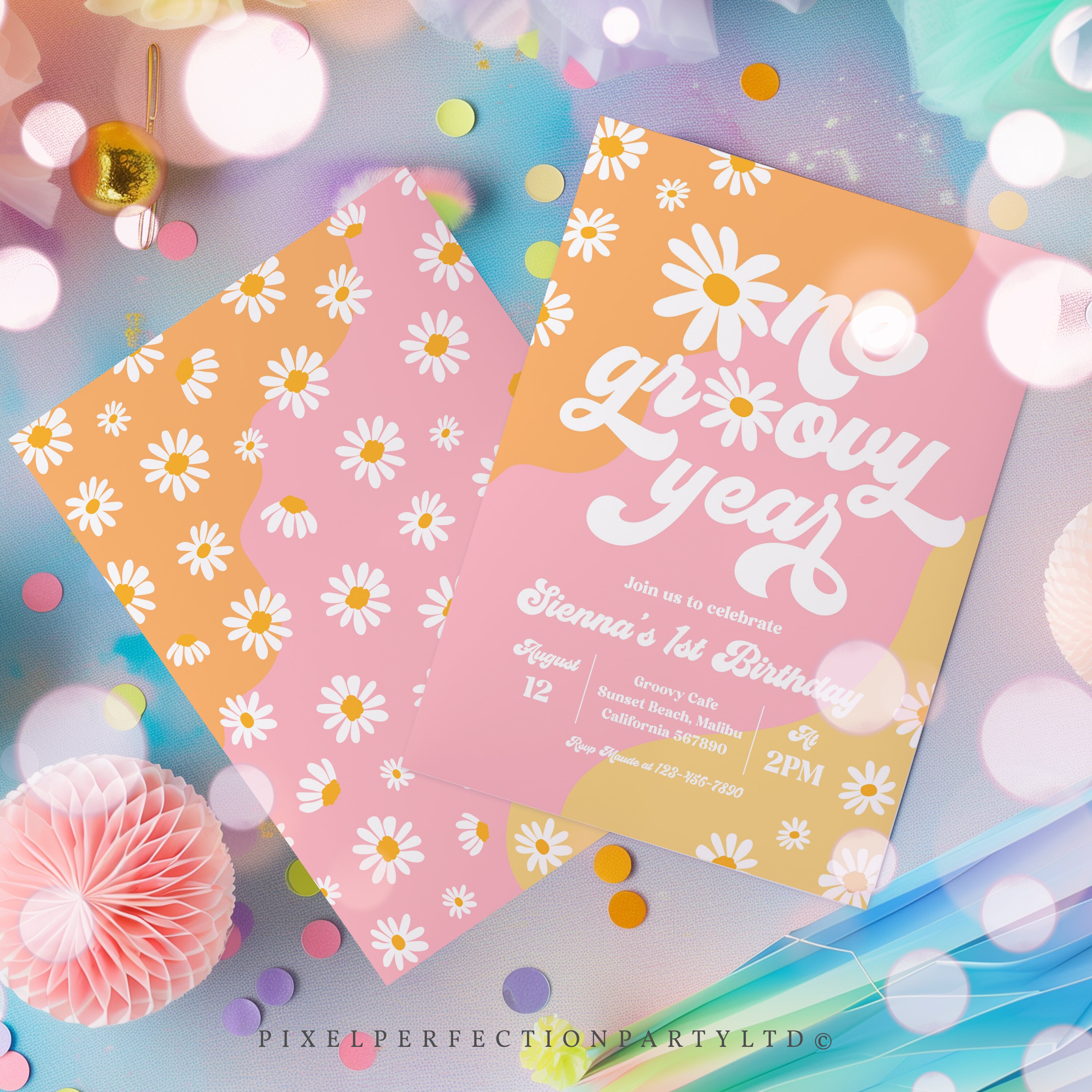 Editable One Groovy Year 1st Birthday Party Invitation Boho Retro ...