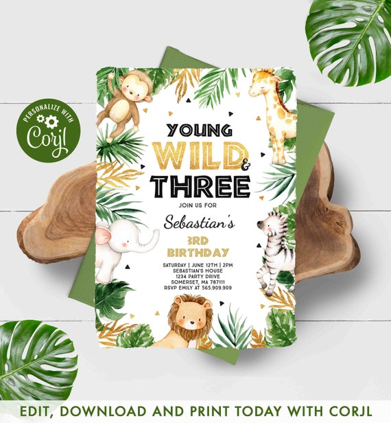 Young Wild And Three Birthday Invitation Jungle Safari Animal Party Gold Wild and Three 3rd Birthday Instant Download Editable PDF File 25 Il_570xn