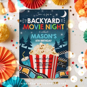 May include: A rectangular invitation card for a backyard movie night birthday party. The dark blue background features a night sky with stars, a crescent moon, and silhouettes of pine trees. A large red and white striped popcorn bucket is centered.
