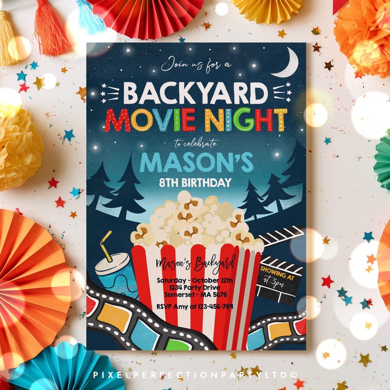 May include: A rectangular invitation card for a backyard movie night birthday party. The dark blue background features a night sky with stars, a crescent moon, and silhouettes of pine trees. A large red and white striped popcorn bucket is centered.