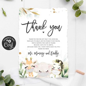 Drive By Baby Shower Editable Thank You Card Template \u2022 Printable Folded Thank You \u2022 Cards Quarantine Baby Animals \u2022 Instant Download BS3601
