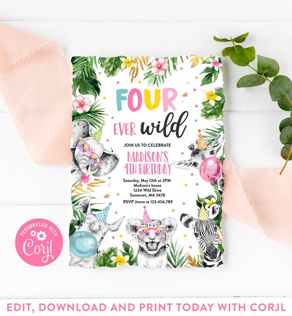 Editable Four Ever Wild Birthday Invitation Safari Animals FourEver Wild 4th Birthday Party Gold Monochrome Jungle Party Instant Download PS Il_570xn
