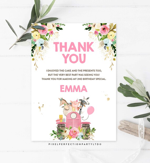 Editable Farm Birthday Party Thank You Card Pink Tractor Farmyard Animals Birthday Party Petting Zoo Party Thank You Instant Download KJ Il_570xn