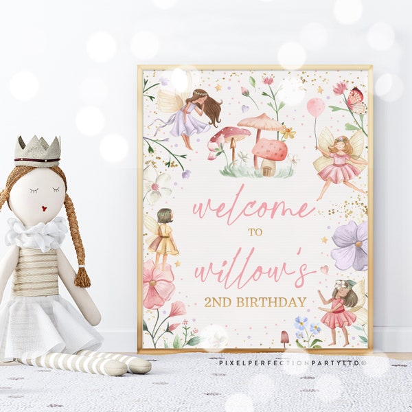 Editable Fairy Birthday Party Welcome Sign Whimsical Enchanted Magical Floral Fairy Princess Birthday Party Decorations Instant Download SF
