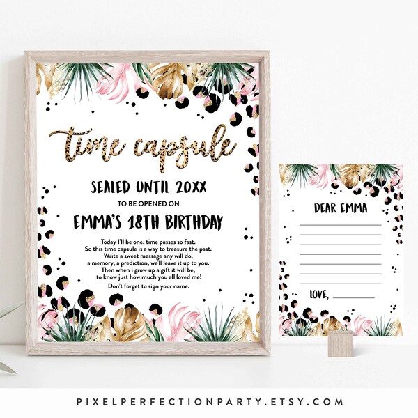 Safari Leopard Print Time Capsule + Matching Note Card Jungle Time Capsule Wild One 1st Birthday Party Decor Instant Download Editable GY