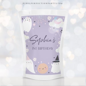 Editable Halloween Ghost Birthday Party Juice Pouch Labels Spooky One Holographic Ghost Halloween 1st Birthday Decor Instant Download 45D