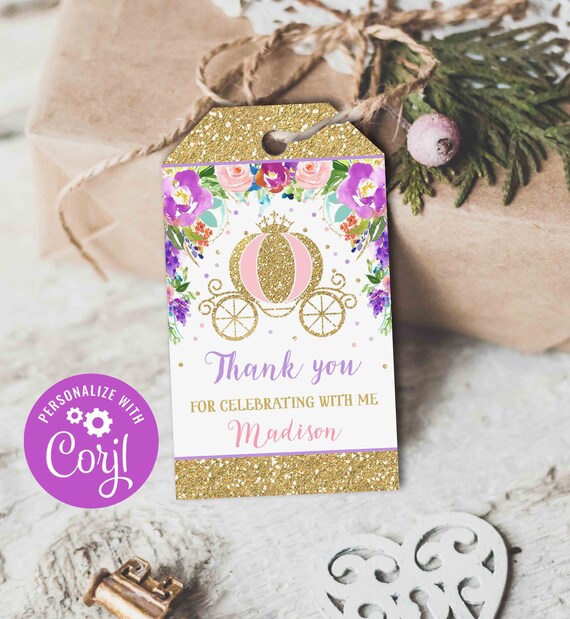 Princess Carriage Favor Tag Princess Birthday Favor Tag Gold Cinderella Carriage Party Princess Thank You Tag Instant Editable File Corjl N6 Il_570xn