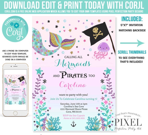 Mermaid And Pirate Invitation Mermaid & Pirate Birthday Invitation Mermaid And Pirate Party Boy Girl Party Instant Download Editable PDF 4I Il_570xn