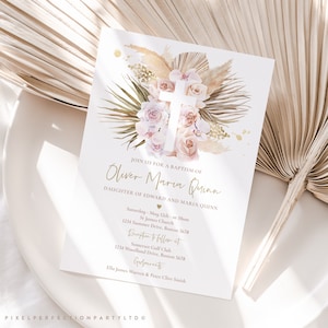 Editable Pampas Grass Baptism Invitation Bohemian Baptism Invitation Boho Baptism Christening 1st Communion Invitation Instant Download PG