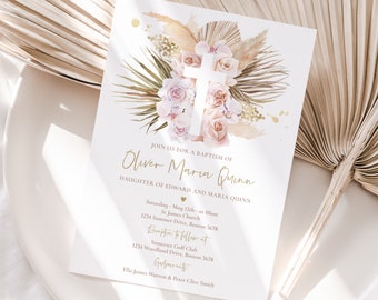 Editable Pampas Grass Baptism Invitation Bohemian Baptism Invitation Boho Baptism Christening 1st Communion Invitation Instant Download PG