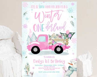Winter ONEderland Invitation Winter 1st Birthday Invitation Rustic Light Pink Truck Winter ONEderland Party Instant Download Editable WT