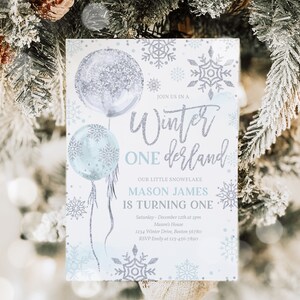 Editable WINTER ONEderland Invitation Blue And Silver Watercolor Snowflake Balloons Whimsical Winter ONEderland Birthday Instant Download HH image 4