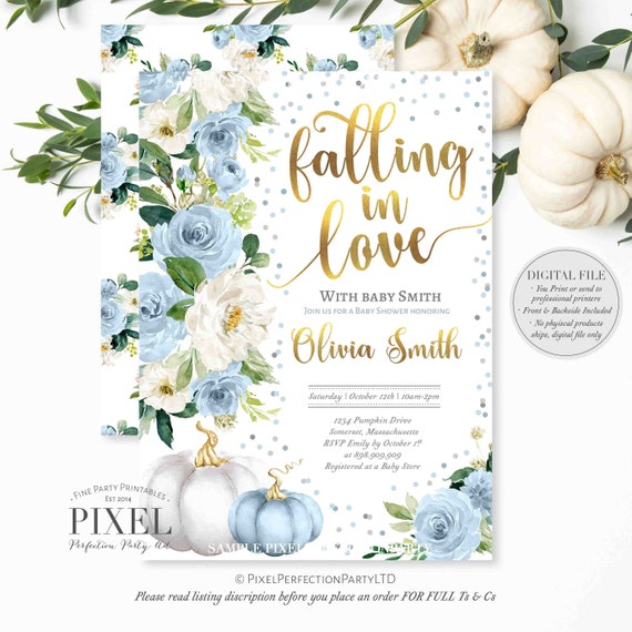 Falling In Love Baby Shower Invitation Boy Fall Baby Shower Invitation Blue & White Pumpkin Baby Shower Invite Fall Baby Shower Invite 9J Il_570xn