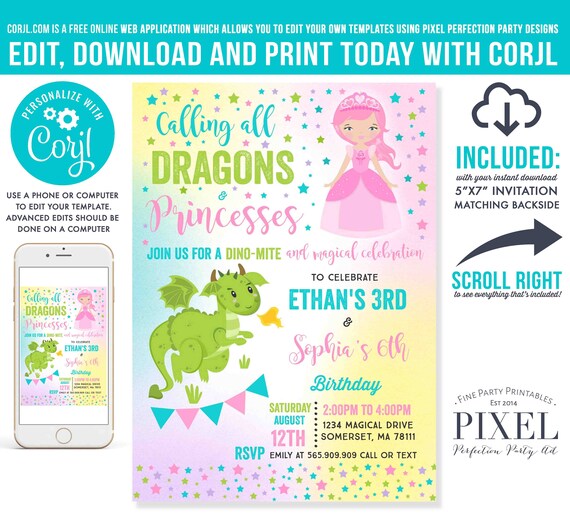 Princess And Dragon Birthday Invitation Sibling Princess And Dragon Party Sibling Girl Boy Dual Party Instant Download Editable PDF J9 Il_570xn
