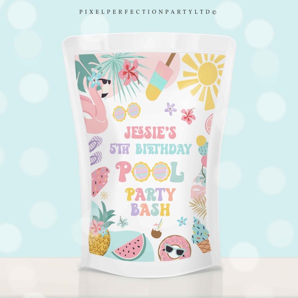 Editable Pool Party Juice Pouch Labels Tropical Splish Splash Girly Pool Party Summer Swimming Pool Splash Pad Party Instant Download FK