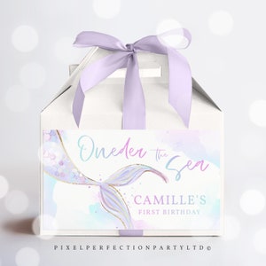 EDITABLE Mermaid Birthday Gable Box Favor Labels Whimsical Purple Mint Gold Mermaid Under The Sea Party Favors Decor Instant Download ZL