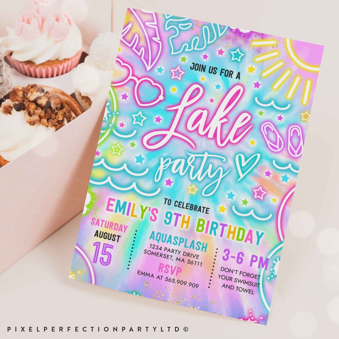 Editable Lake Birthday Party Invitation Glow Neon Tie Dye Summer Summer