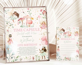 Editable Fairy Birthday Party Time Capsule + Note Card Enchanted Magical Floral Fairy Princess Birthday Party Instant Editable File FT