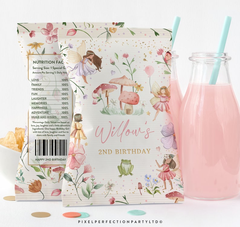 May include: A pink and white chip bag with a fairy and mushroom design. The bag has gold text that says "Willow's 2nd Birthday".