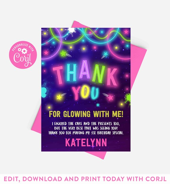 Editable Glow Birthday Thank You Card Neon Glow Thank You Card Neon Glow Party Glow In The Dark Birthday Party Instant Download Editable NG Il_570xn