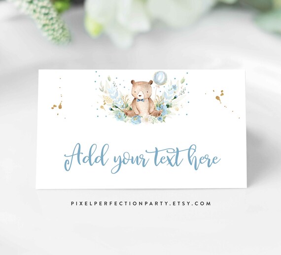 Editable Teddy Bear Blue Baby Shower Food Labels Blue Floral Boy Teddy Bear Baby Shower Decoration Boy Bear Favors Instant Download TB Il_570xn