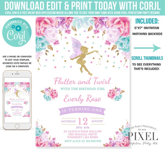 Fairy Invitation Fairy Birthday Invitation Whimsical Enchanted Pixie Party Magical Floral Fairy Party Instant Download Editable Corjl S9 Il_570xn