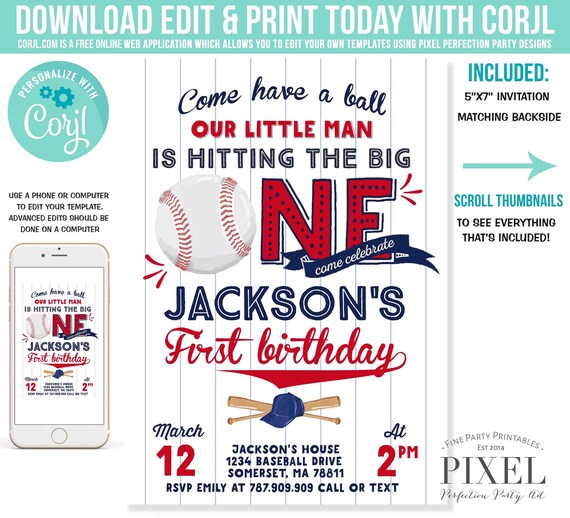 Baseball Invitation Baseball Birthday Invitation Baseball 1st Birthday Red White Blue Baseball 1st Birthday Instant Editable File Corjl 4U Il_570xn