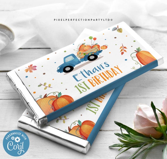 Editable Pumpkin Truck Candy Bar Wrapper Labels Blue Pumpkin Truck Birthday Party Decor Fall Candy Bar Favor Label Wraps Instant Download JP Il_570xn