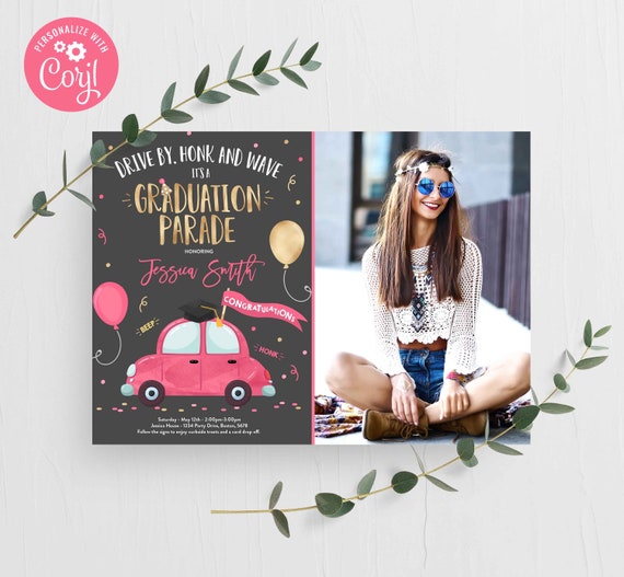 Editable Drive By Graduation Parade Invitation Drive Through Graduation Party Coral Graduate Quarantine Class Of 2020 Instant Download GP Il_570xn
