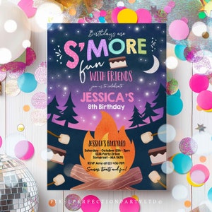May include: A colorful invitation for a girl's 8th birthday party with a campfire and s'mores theme. The invitation features a cartoon campfire with marshmallows and a s'more. The text reads "Birthdays are S'more Fun with Friends" and "Jessica's 8th Birthday".