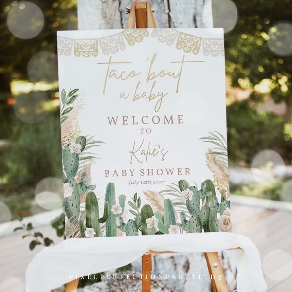 Editable Fiesta Baby Shower Welcome Sign Taco 'Bout A Baby Boho Tropical Pampas Grass Gender Neutral Baby Shower Decor Instant Download AE