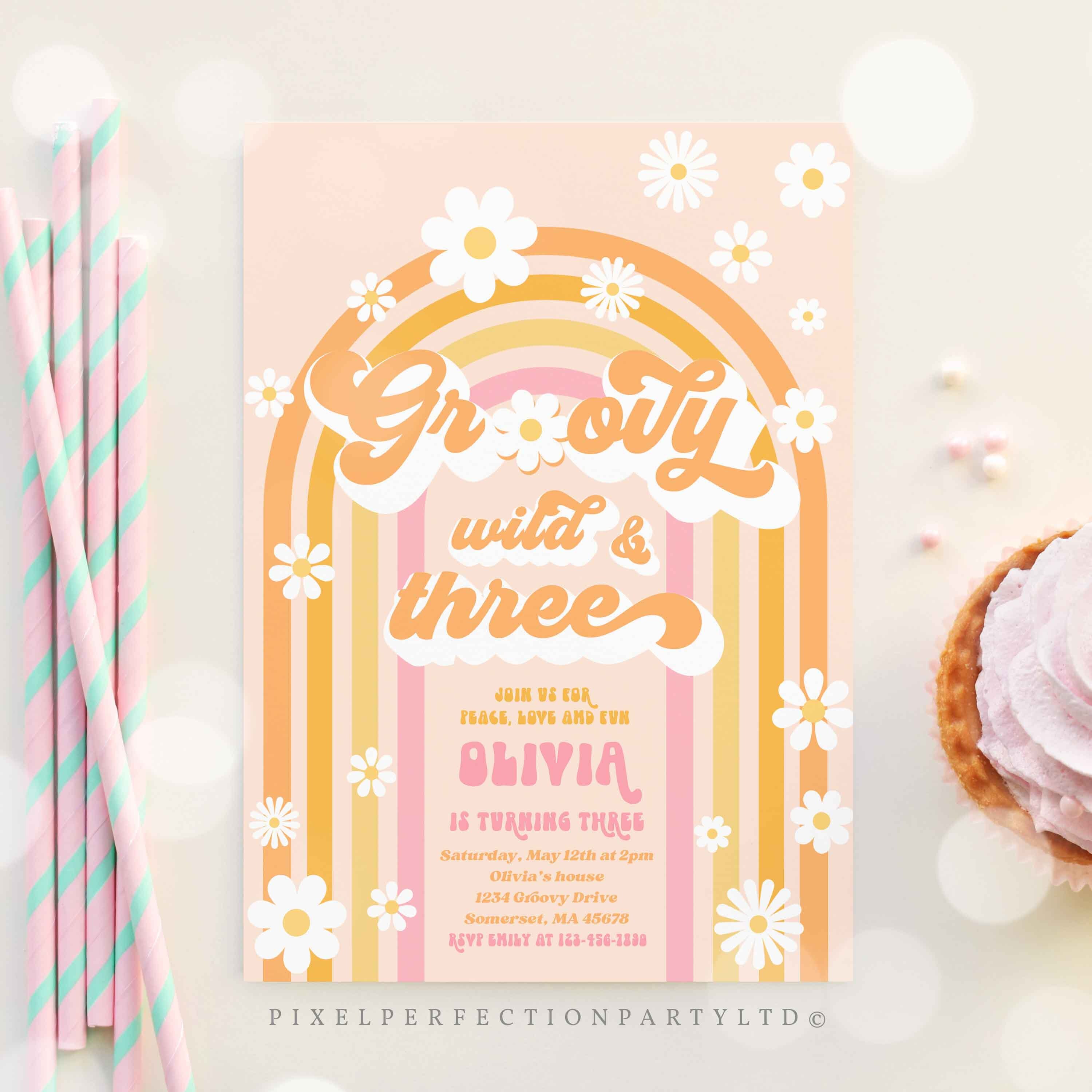 Editable Groovy Young Wild and Three 3rd Birthday Invite -  Denmark