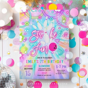 Editable Bowling Invitation Tie Dye Bowling Birthday Party Invite Glow Bowling Party Neon Glow Tie Dye Bowling Party Instant Download OO image 3