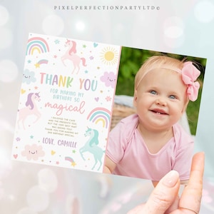 Editable Unicorn Birthday Thank You Photo Card Magical Pastel Rainbow Unicorn Party Whimsical Fairytale Unicorn Party Instant Download UY6