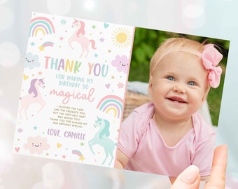 Editable Unicorn Birthday Thank You Photo Card Magical Pastel Rainbow Unicorn Party Whimsical Fairytale Unicorn Party Instant Download UY6