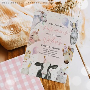 May include: A pink and white birthday invitation with a watercolor illustration of farm animals. The invitation says "Calling all Party Animals" and "Join us to celebrate Willow's Third Birthday".