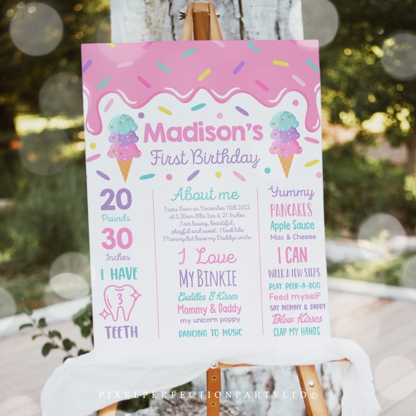 Editable Ice Cream 1st Birthday Milestone Poster Ice Cream Birthday Stats Poster Ice Cream 1st Birthday Party Decor Instant Download X0